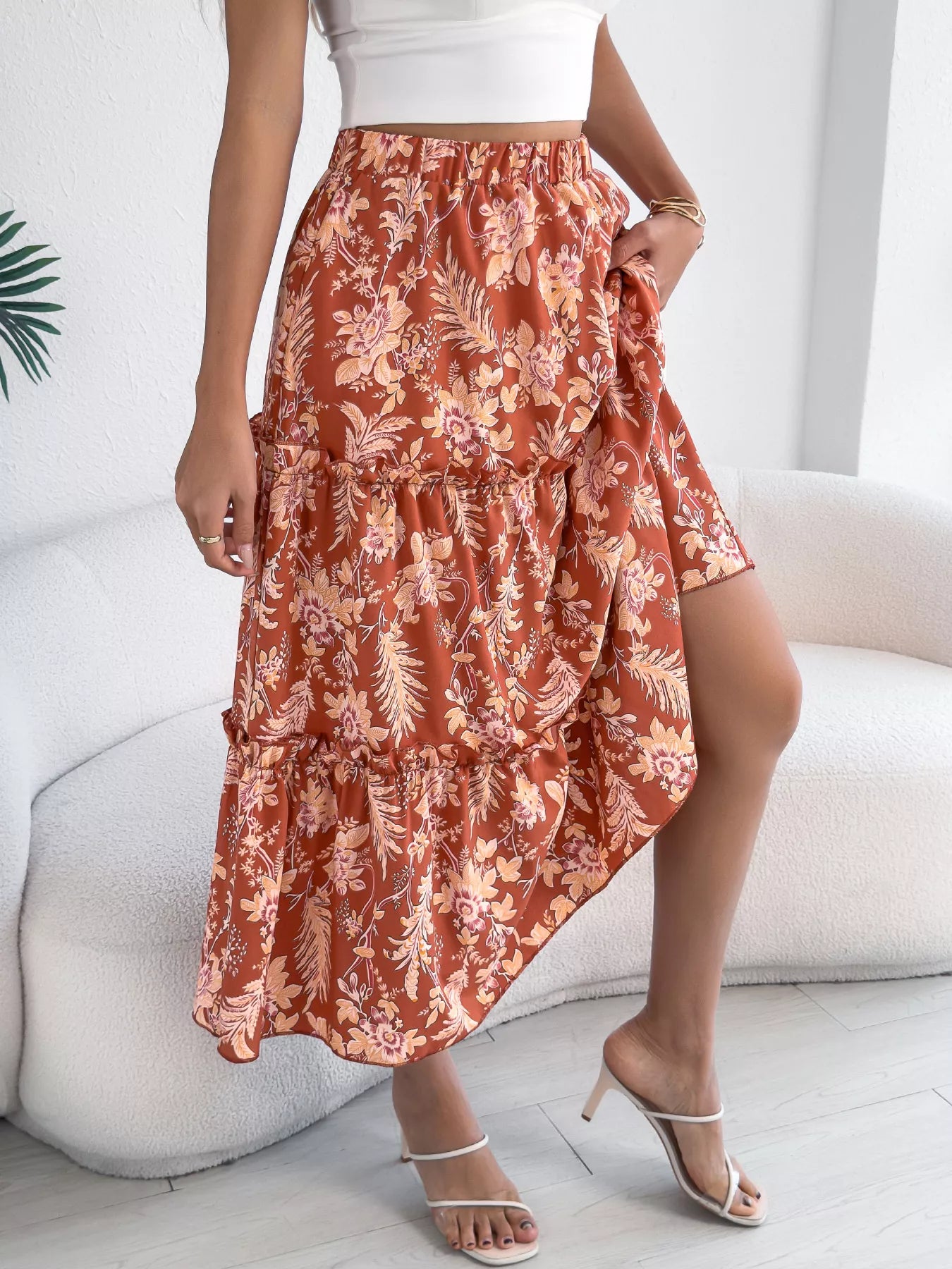 Floral Print Ruffle Hem Flowy Midi Skirt - Be Bliss Boutique