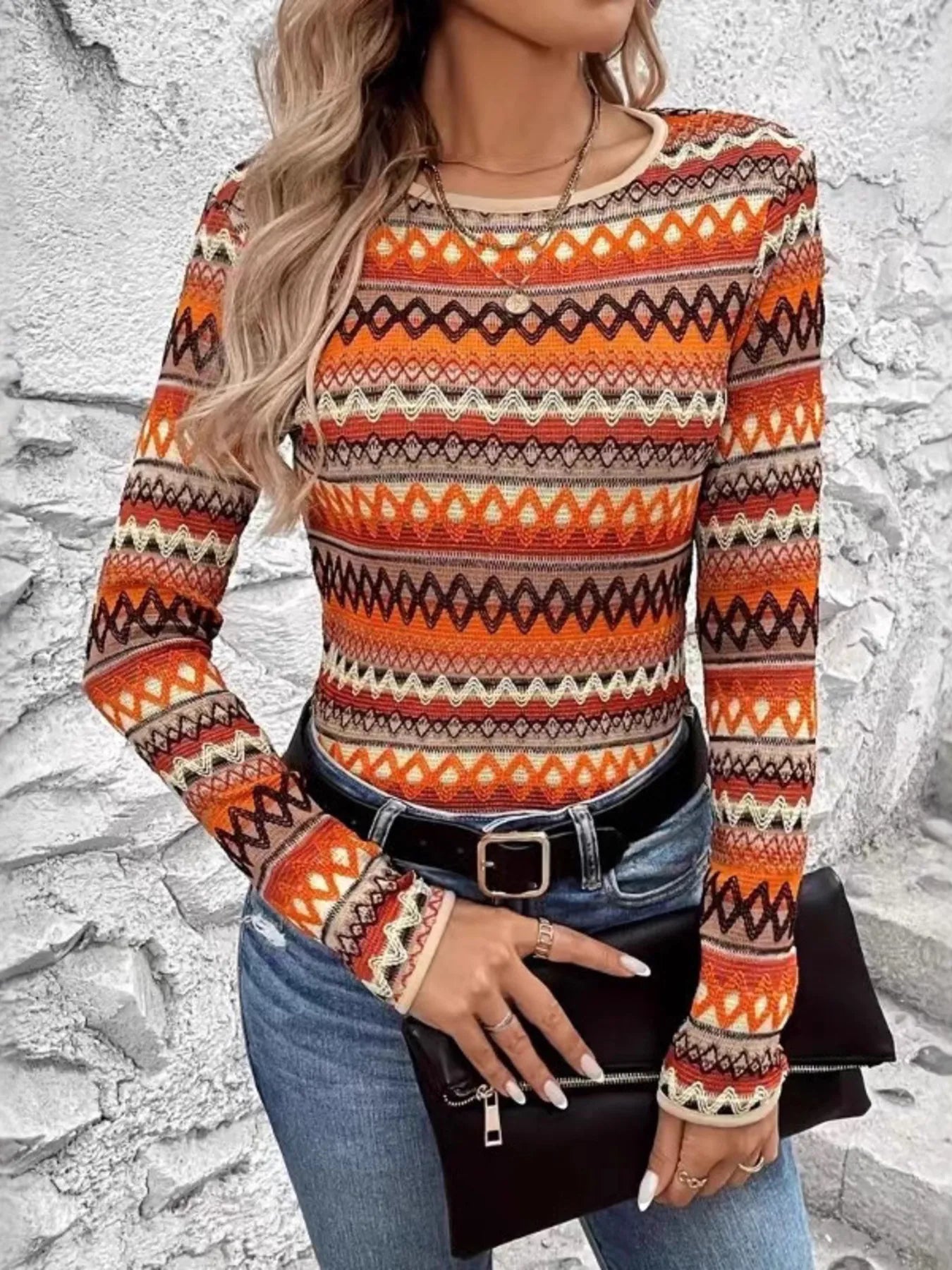 Bohemian Geometric Pattern Long Sleeve T-Shirt - Be Bliss Boutique