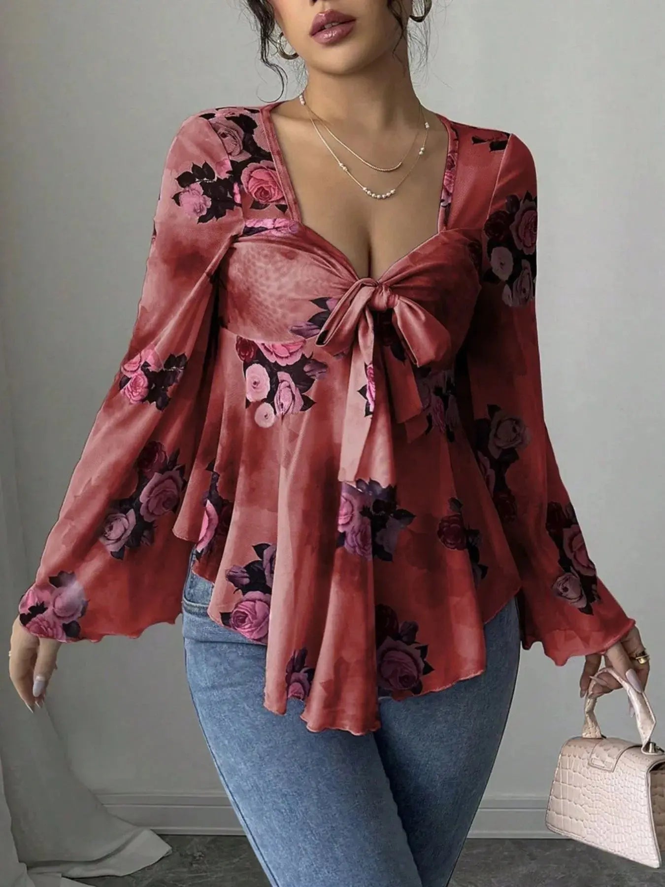 Floral Tie Front Flare Sleeve Blouse - Be Bliss Boutique