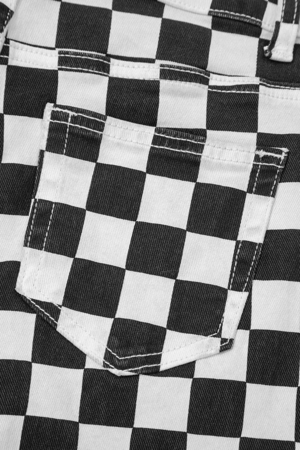 Checkerboard Print Distressed Holes Raw Edge Cropped Jeans - Be Bliss Boutique