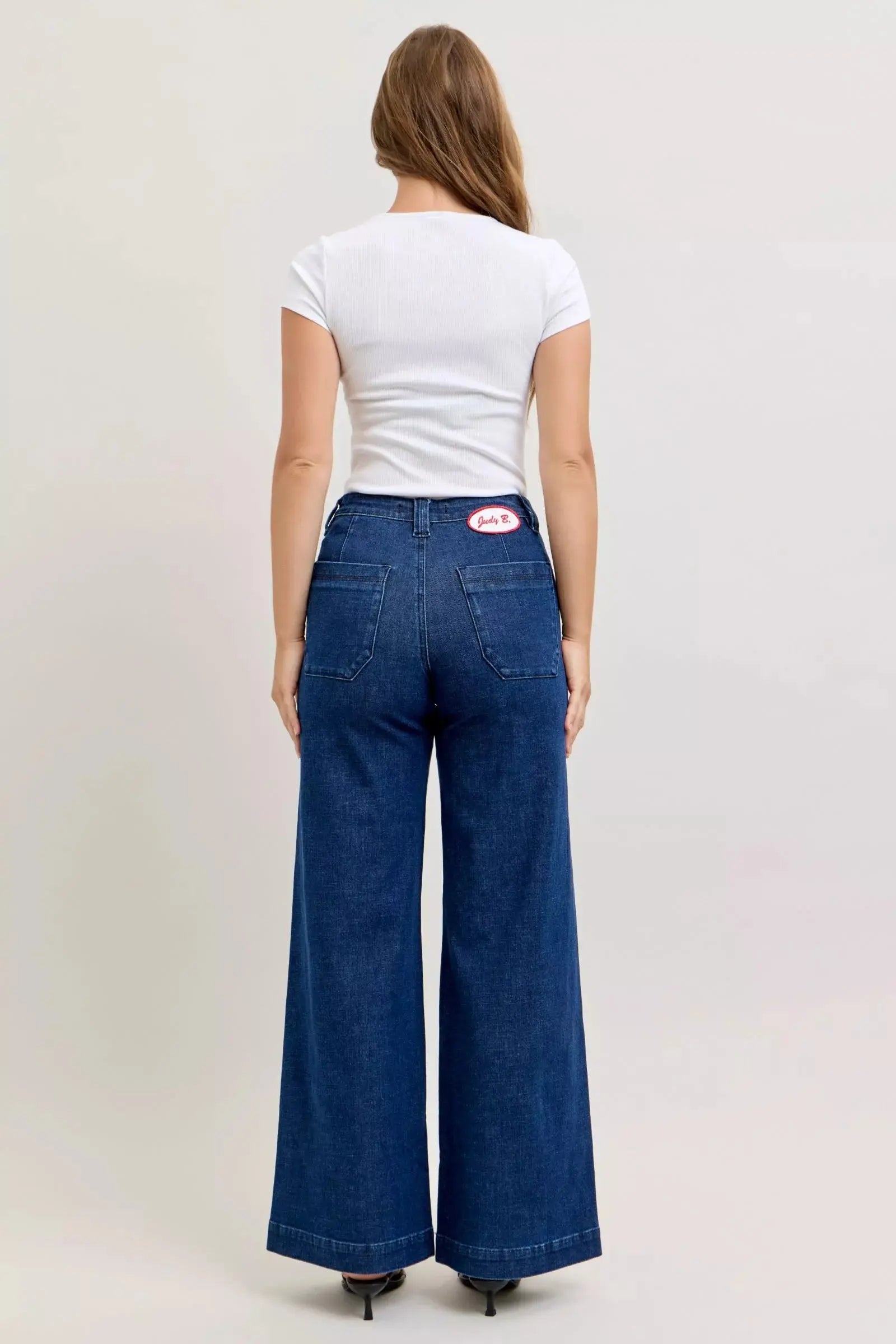Judy Blue High-Waisted Retro Wide Jeans with Patch Pkts & Twisted Seams - Be Bliss Boutique