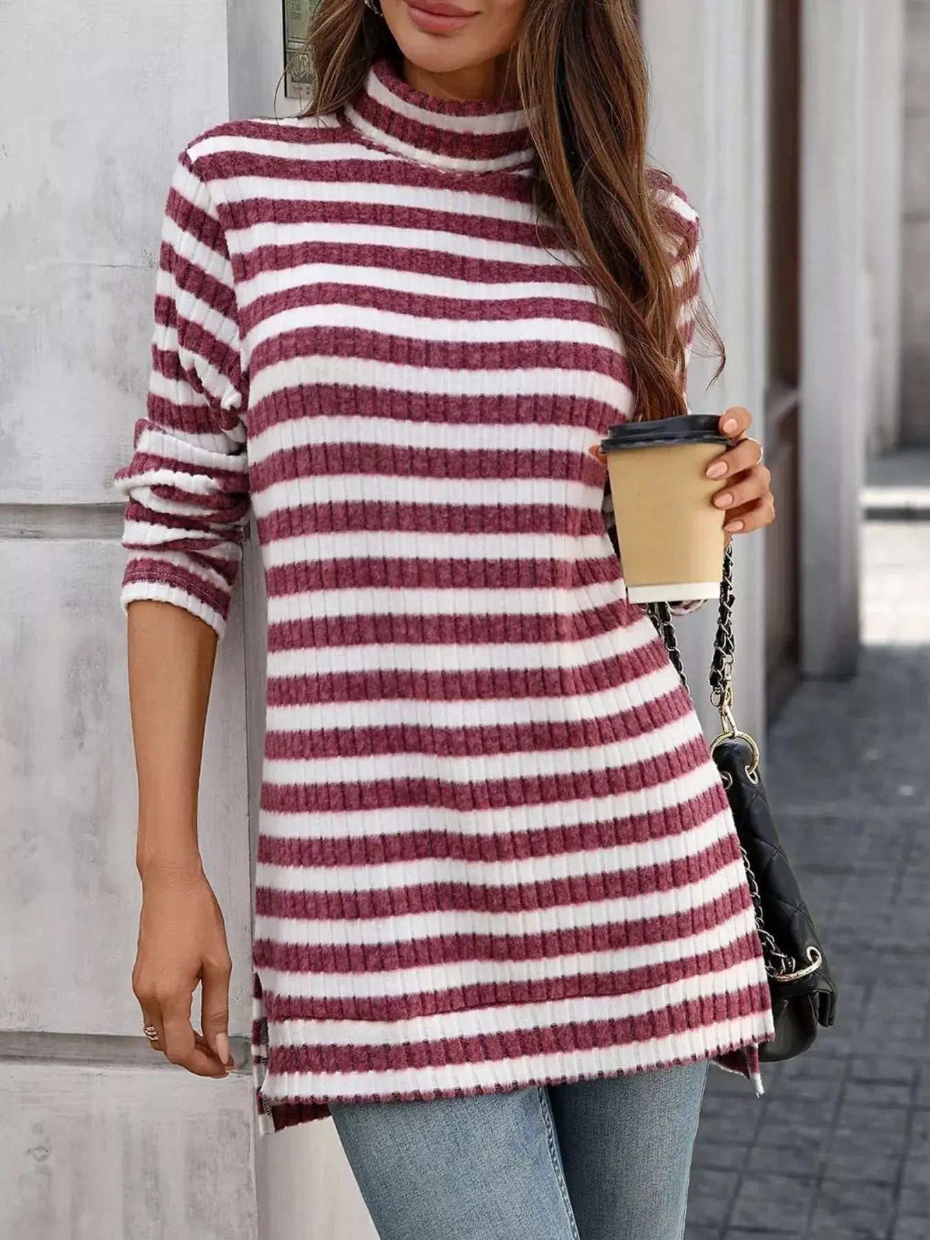 Striped Turtleneck Long Sleeve Knit Top - Be Bliss Boutique