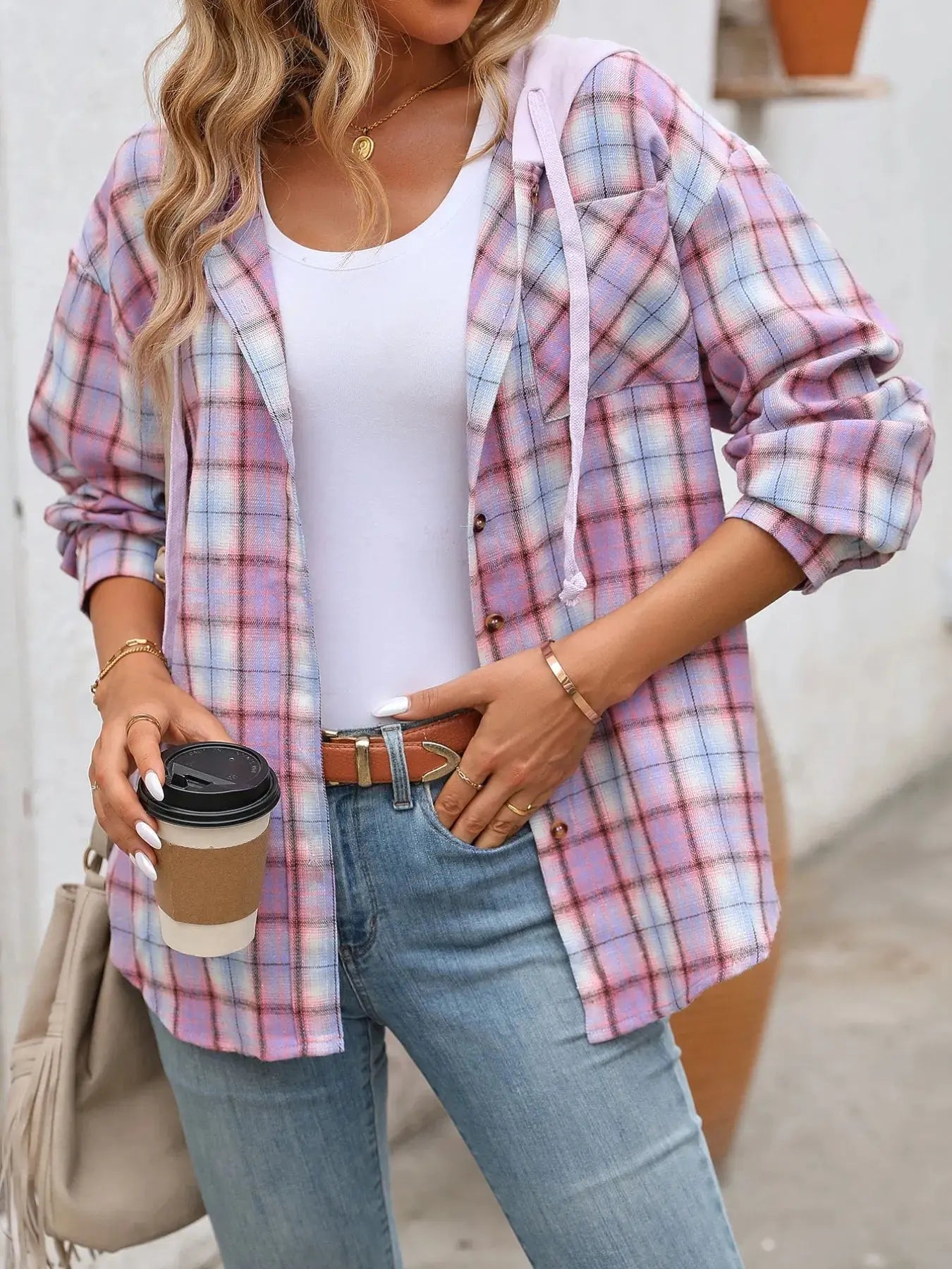 Plaid Button-Up Oversized Hooded Shirt with Chest Pocket - Be Bliss Boutique