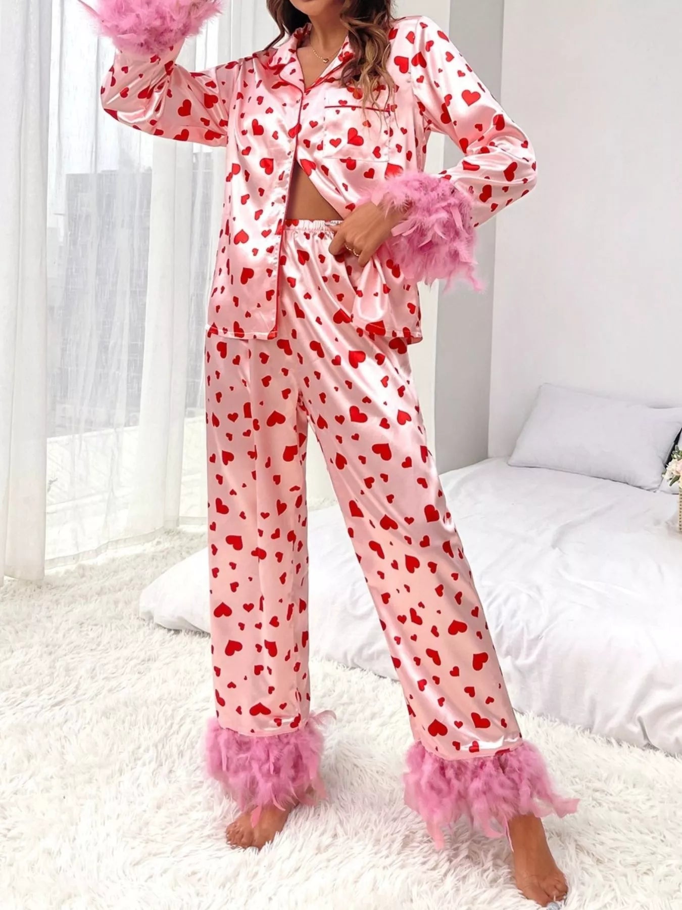 Heart Print Button Up Top and Pants Lounge Set - Be Bliss Boutique