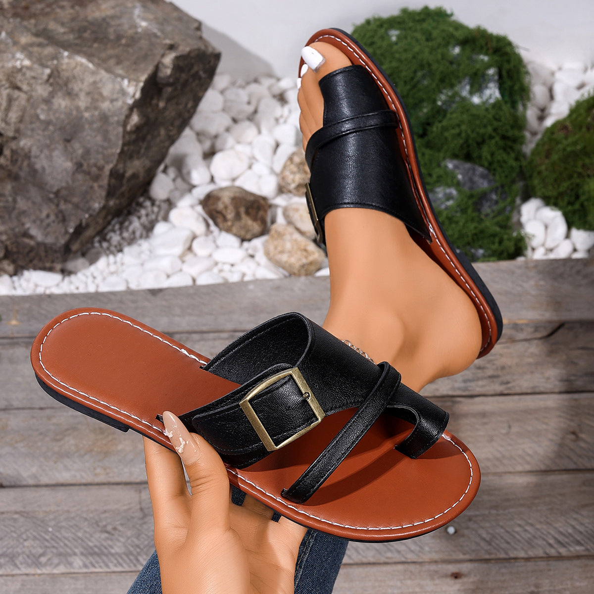 Buckle Decor Toe Loop Sandals - Be Bliss Boutique