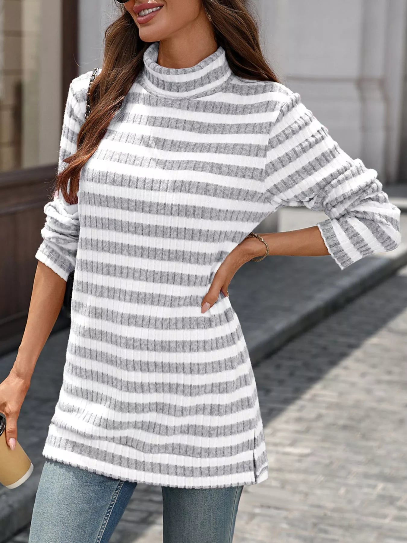 Striped Turtleneck Long Sleeve Knit Top - Be Bliss Boutique