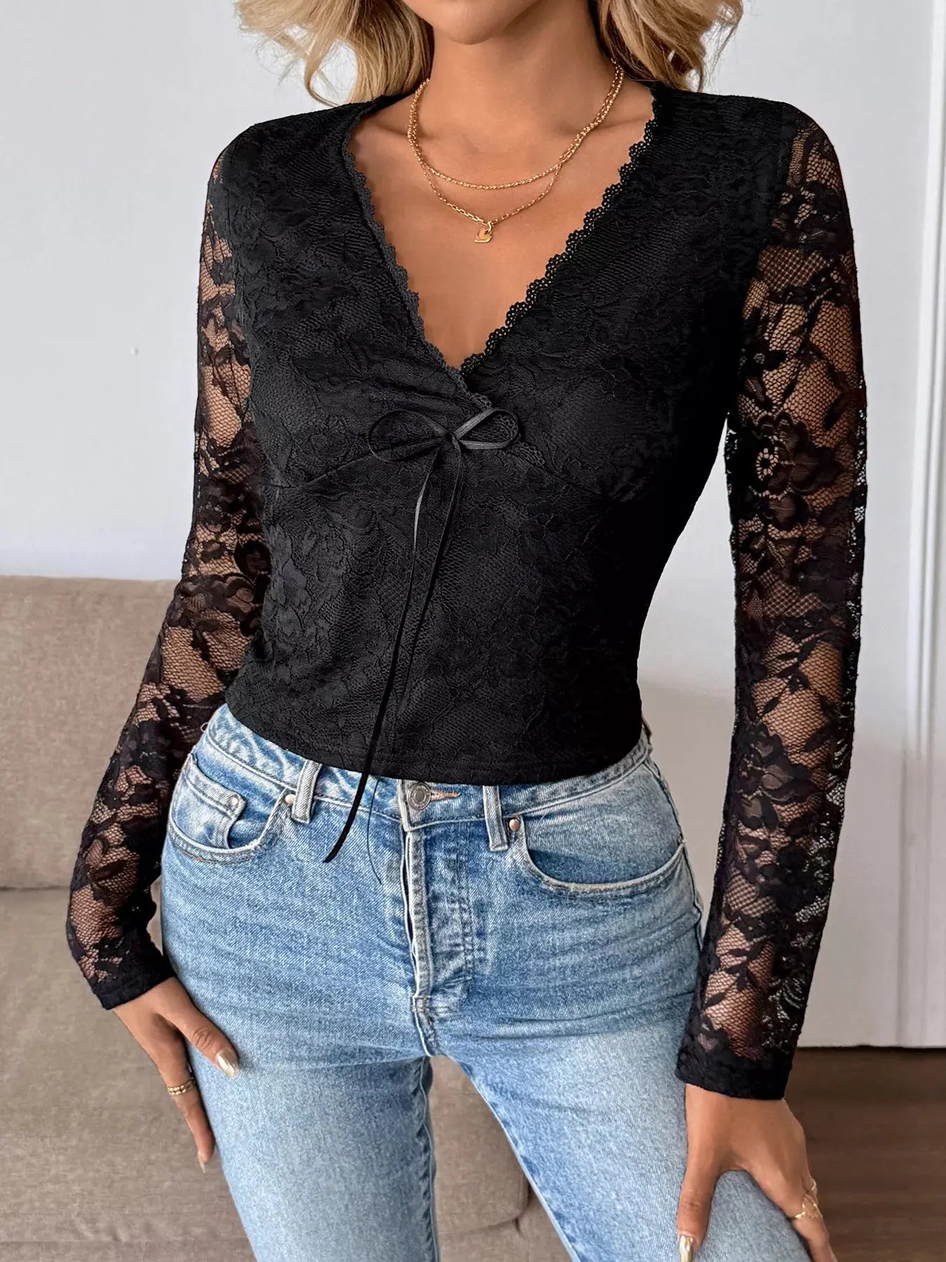 Long Sleeve Floral Lace Mesh Cropped Top - Be Bliss Boutique