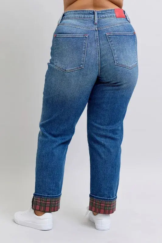 Plaid Cuff Boyfriend Judy Blue Jeans – Mid Rise Straight Leg - Be Bliss Boutique