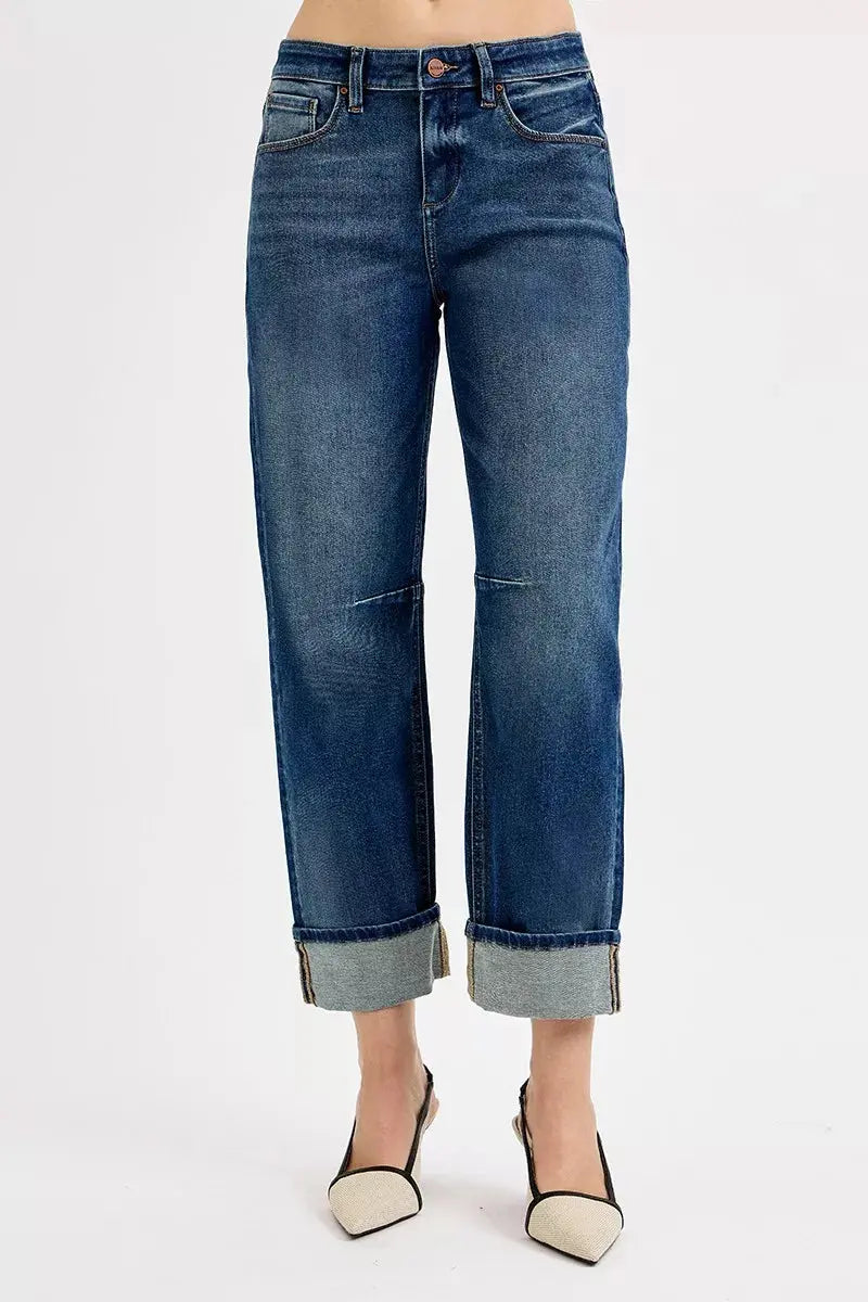 RISEN Jeans - Slouchy Crop Barrel Cuffed Jeans in Dark Wash - Be Bliss Boutique