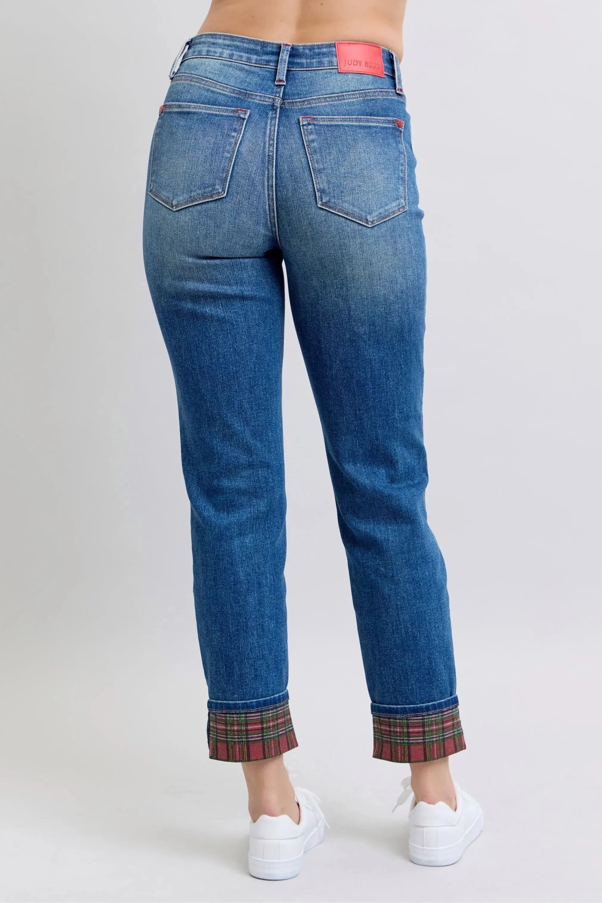 Plaid Cuff Boyfriend Judy Blue Jeans – Mid Rise Straight Leg - Be Bliss Boutique