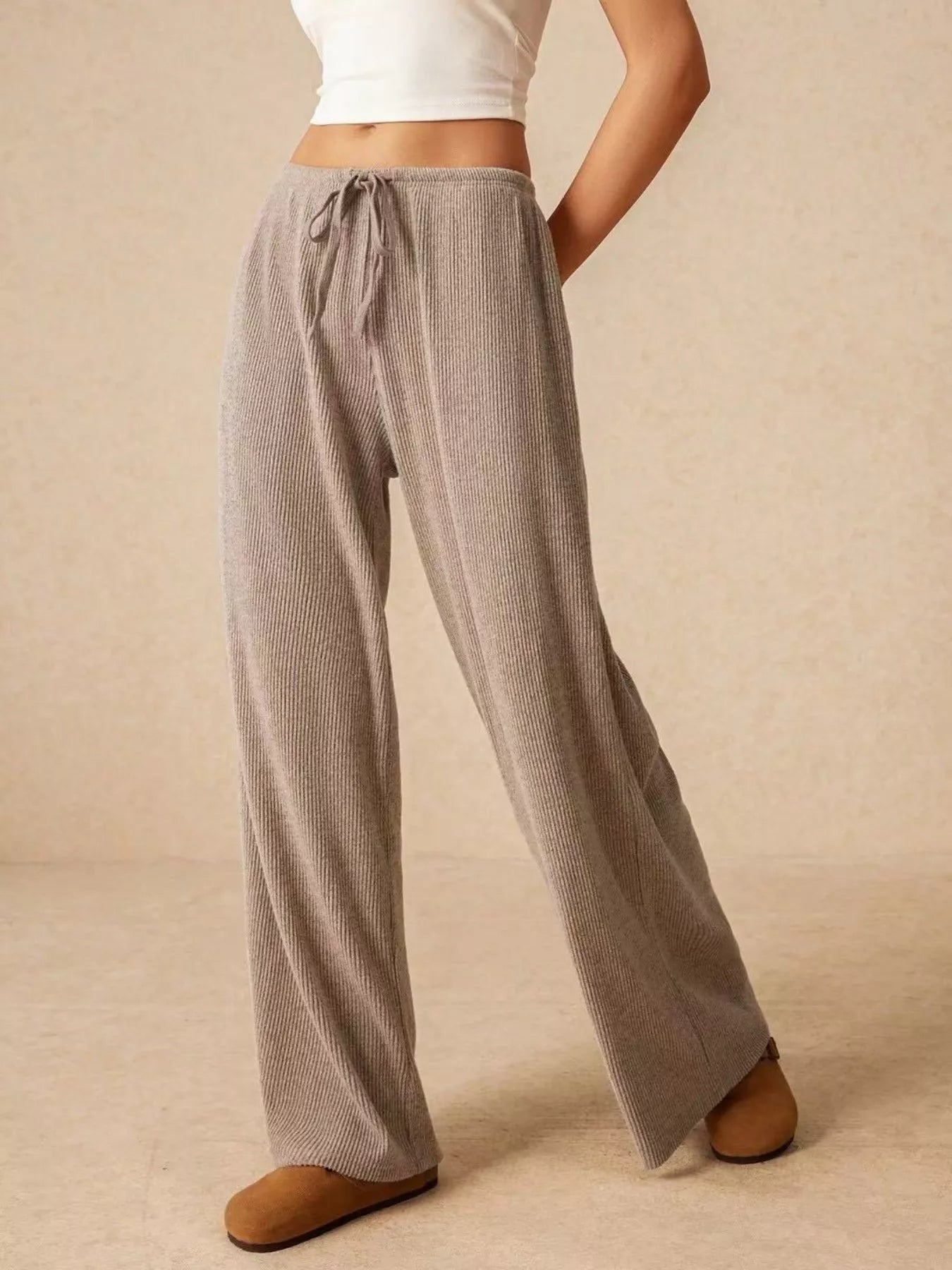 Ribbed Drawstring Wide Leg Pants - Be Bliss Boutique