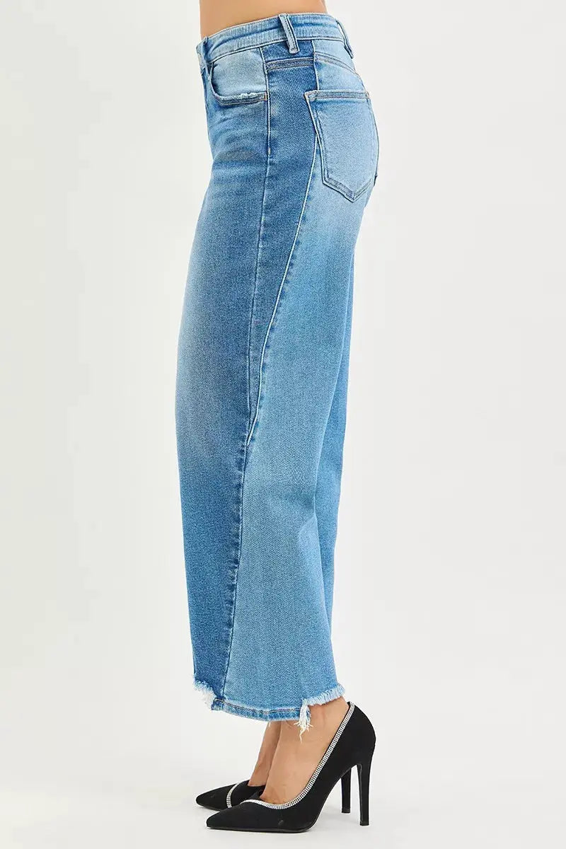 RISEN Jeans - Full Size Slouchy Cropped Barrel Jeans with Contrast Wash - Be Bliss Boutique