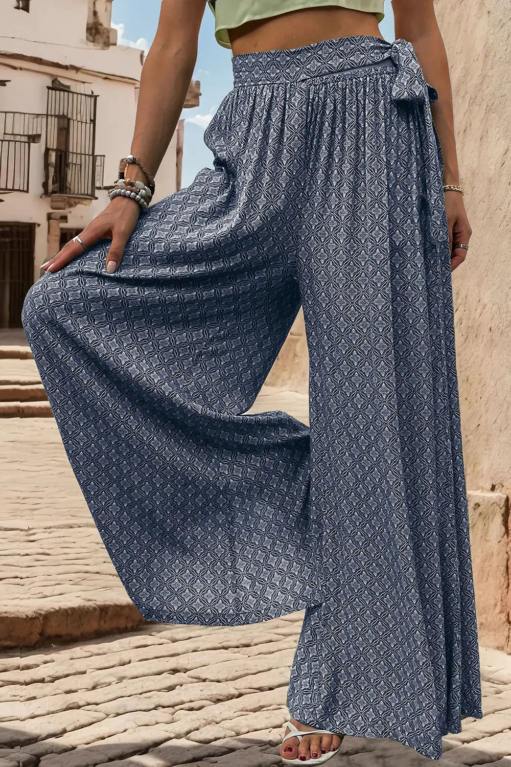 Printed Tied Wide Leg Pants - Be Bliss Boutique