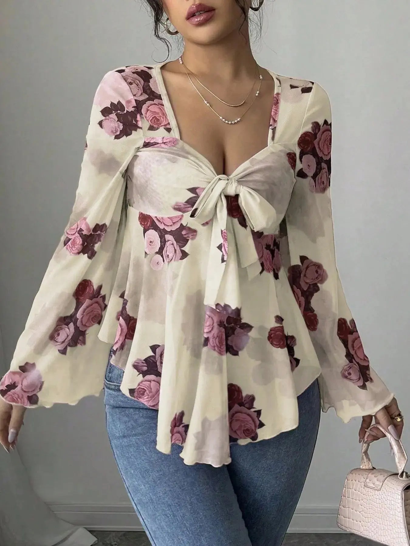 Floral Tie Front Flare Sleeve Blouse - Be Bliss Boutique