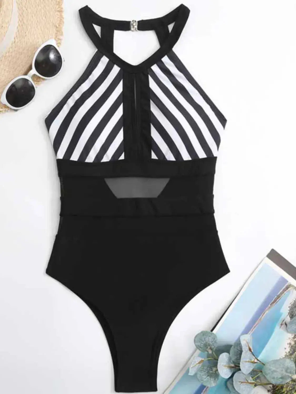 Mesh Cutout Striped Backless One Piece Swimsuit - Be Bliss Boutique