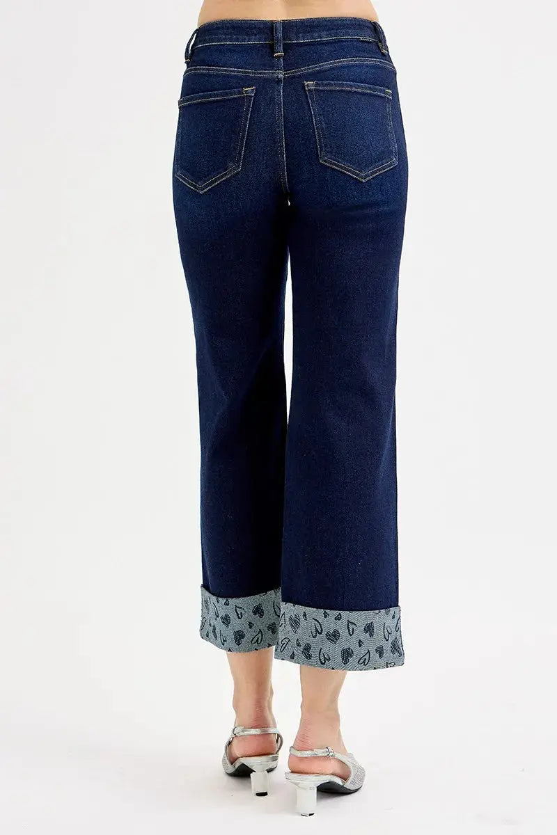 RISEN Jeans - Full Size Mid Rise Fit Crop Wide Leg with Printed Cuff - Be Bliss Boutique