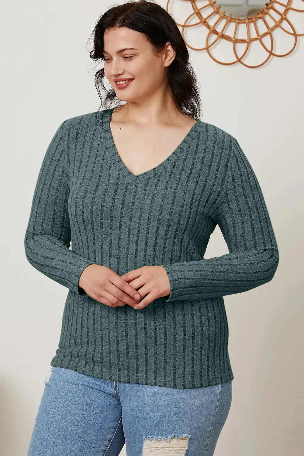 Basic Bae Full Size Ribbed V-Neck Long Sleeve T Shirt for Women - Be Bliss Boutique