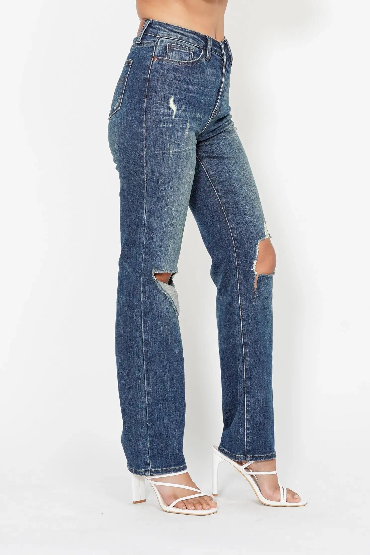 Full Size High Waist Ripped Knee Straight Leg Dad Judy Blue Jeans - Be Bliss Boutique