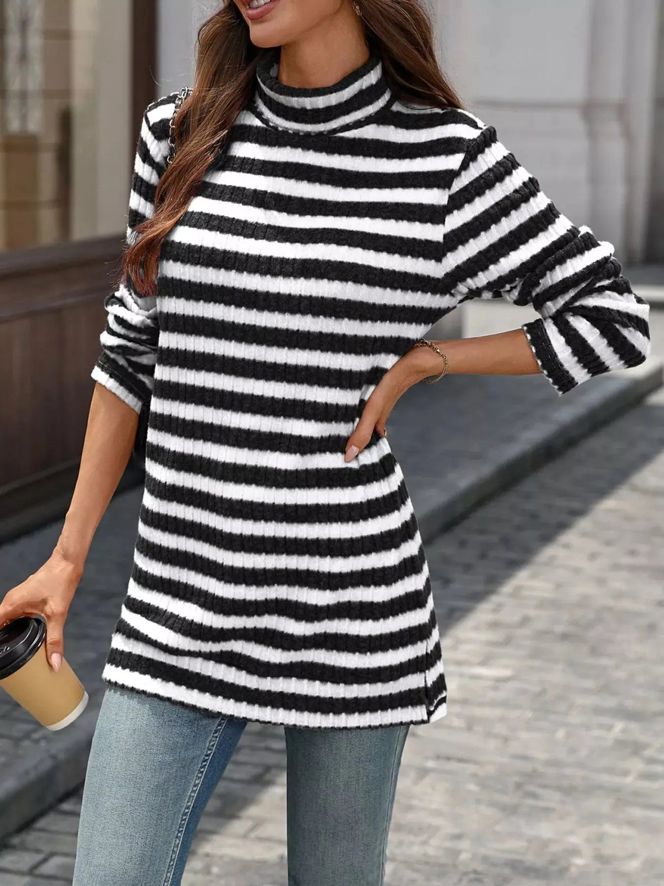 Striped Turtleneck Long Sleeve Knit Top - Be Bliss Boutique