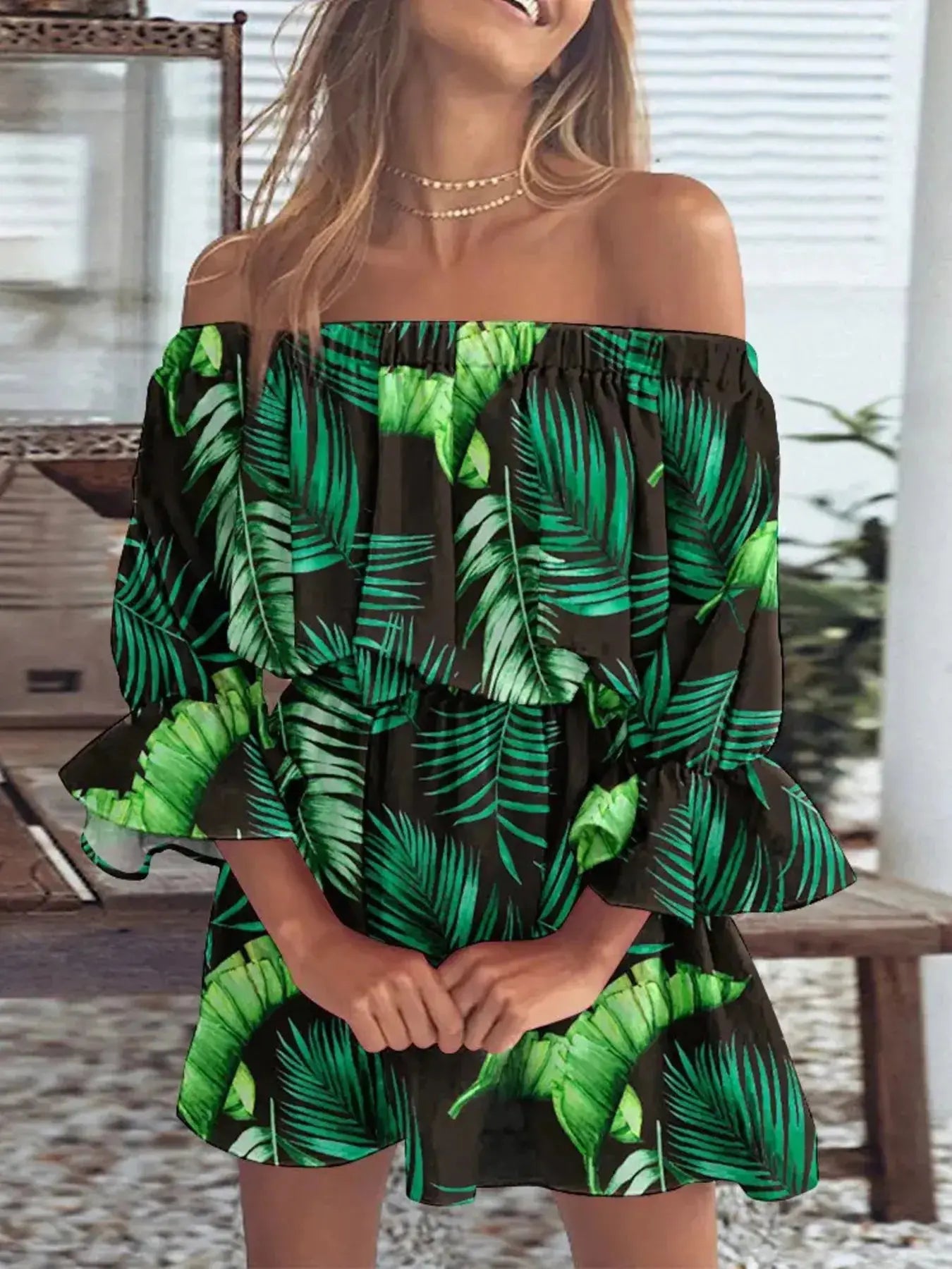 Full Size Floral Off Shoulder Mini Dress with Flounce Sleeves - Be Bliss Boutique