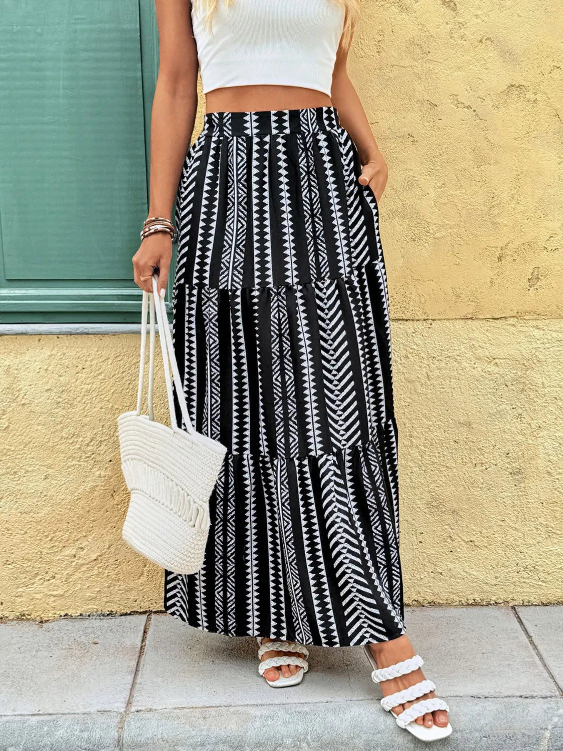 Black and White Tiered Bohemian Maxi Skirt with Pockets - Be Bliss Boutique