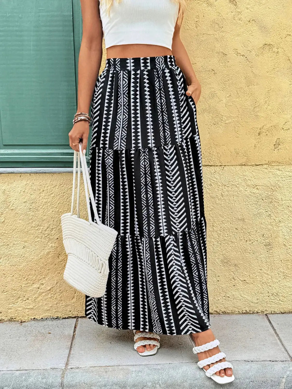 Black and White Tiered Bohemian Maxi Skirt with Pockets - Be Bliss Boutique