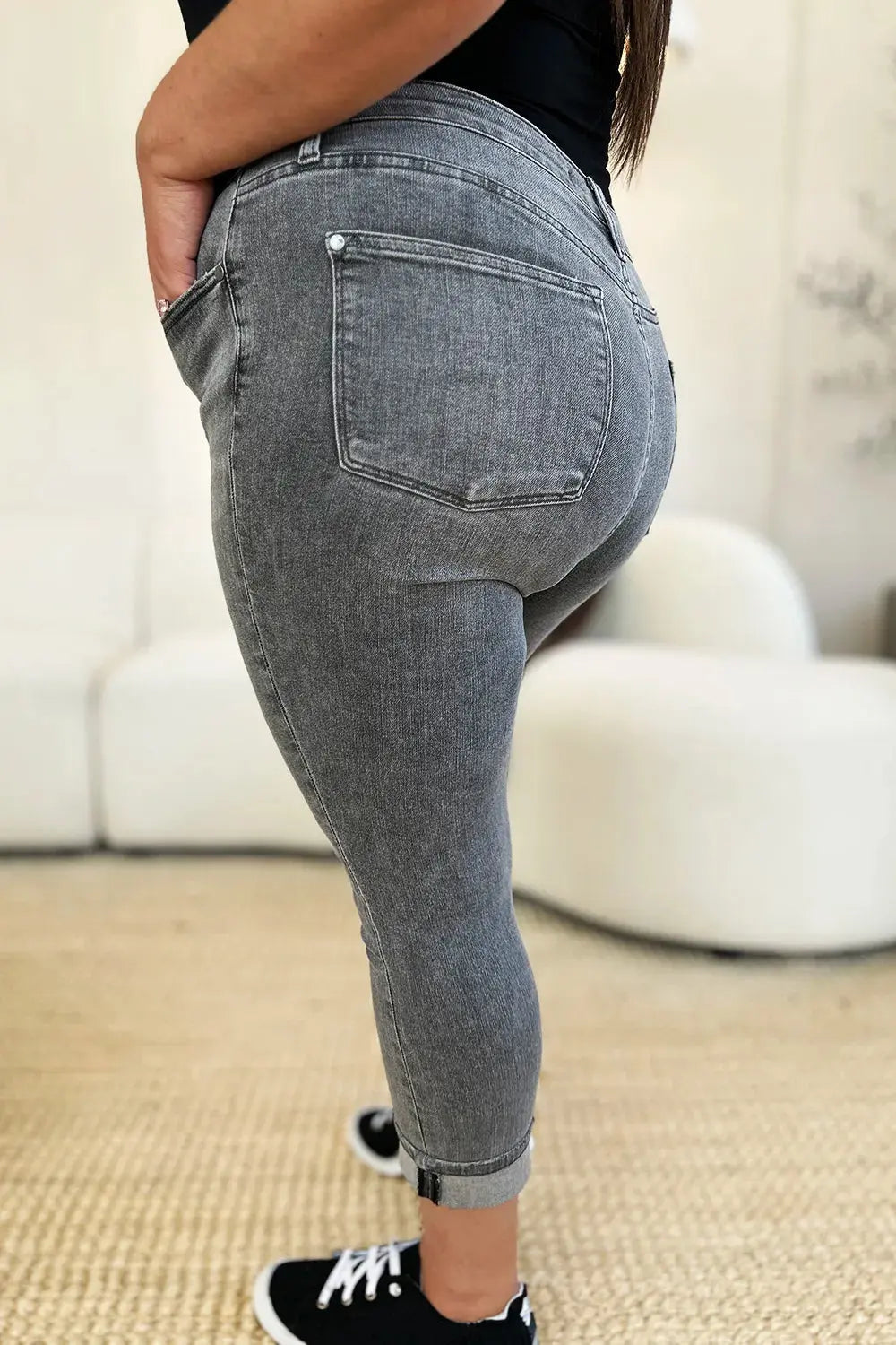 Judy Blue Jeans - Full Size Button Fly High Waist Cuffed Capris - Be Bliss Boutique