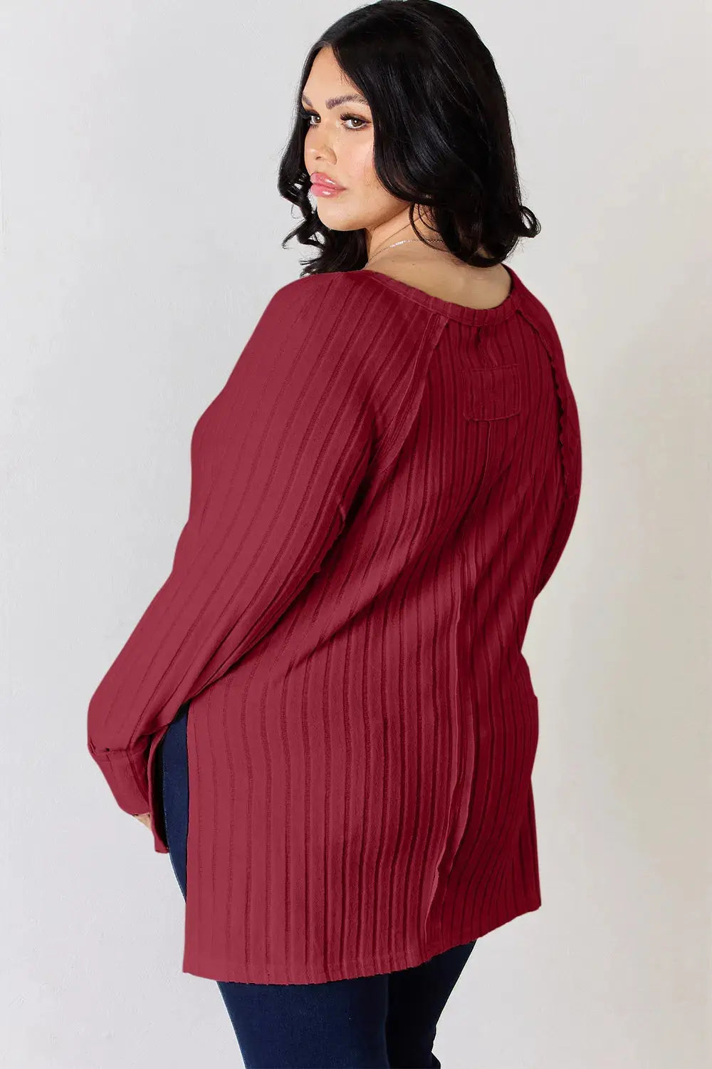Basic Bae Ribbed Round Neck Slit Womens Long Sleeve T Shirt – Full & Plus Size - Be Bliss Boutique