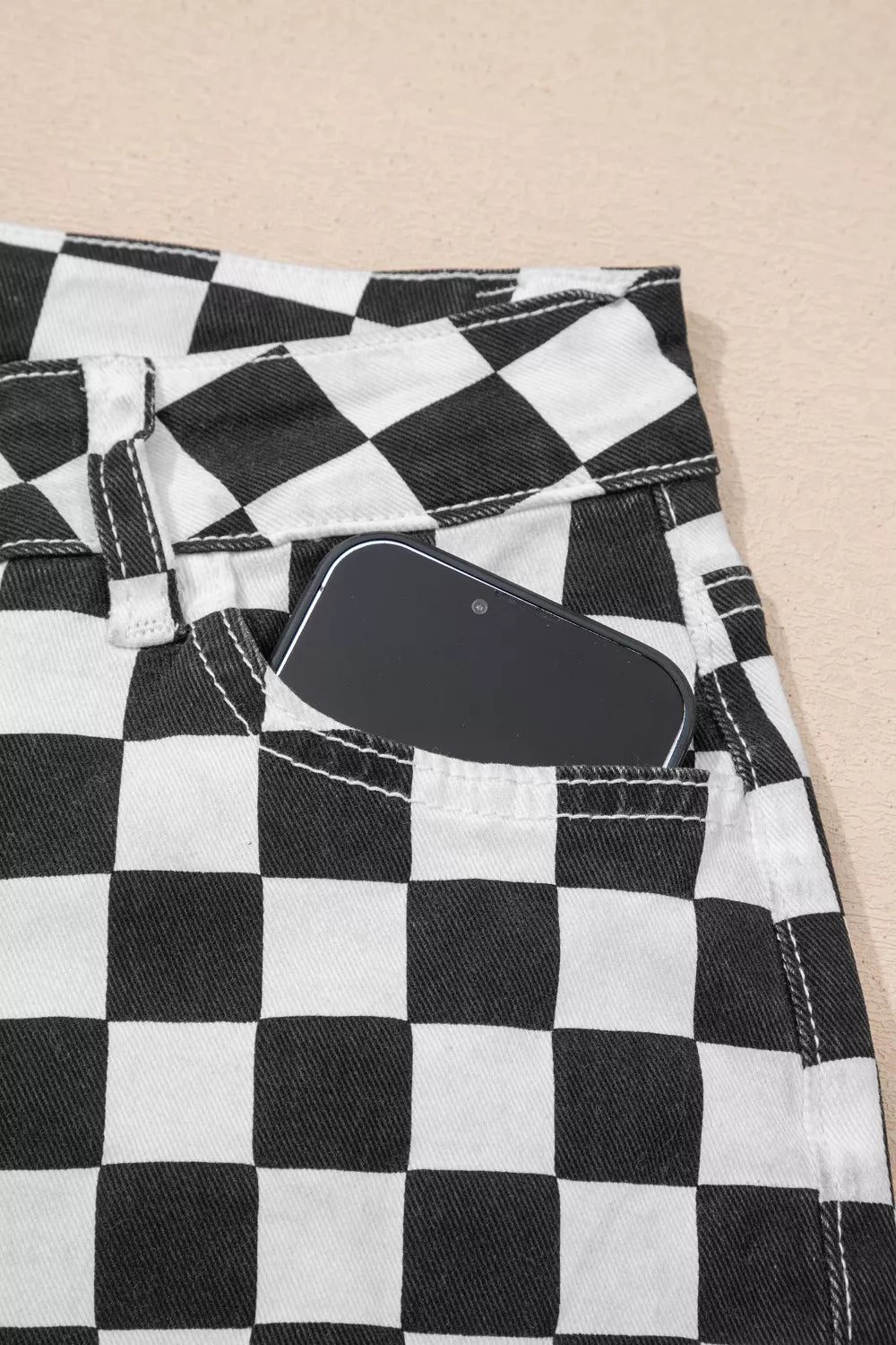 Checkerboard Print Distressed Holes Raw Edge Cropped Jeans - Be Bliss Boutique