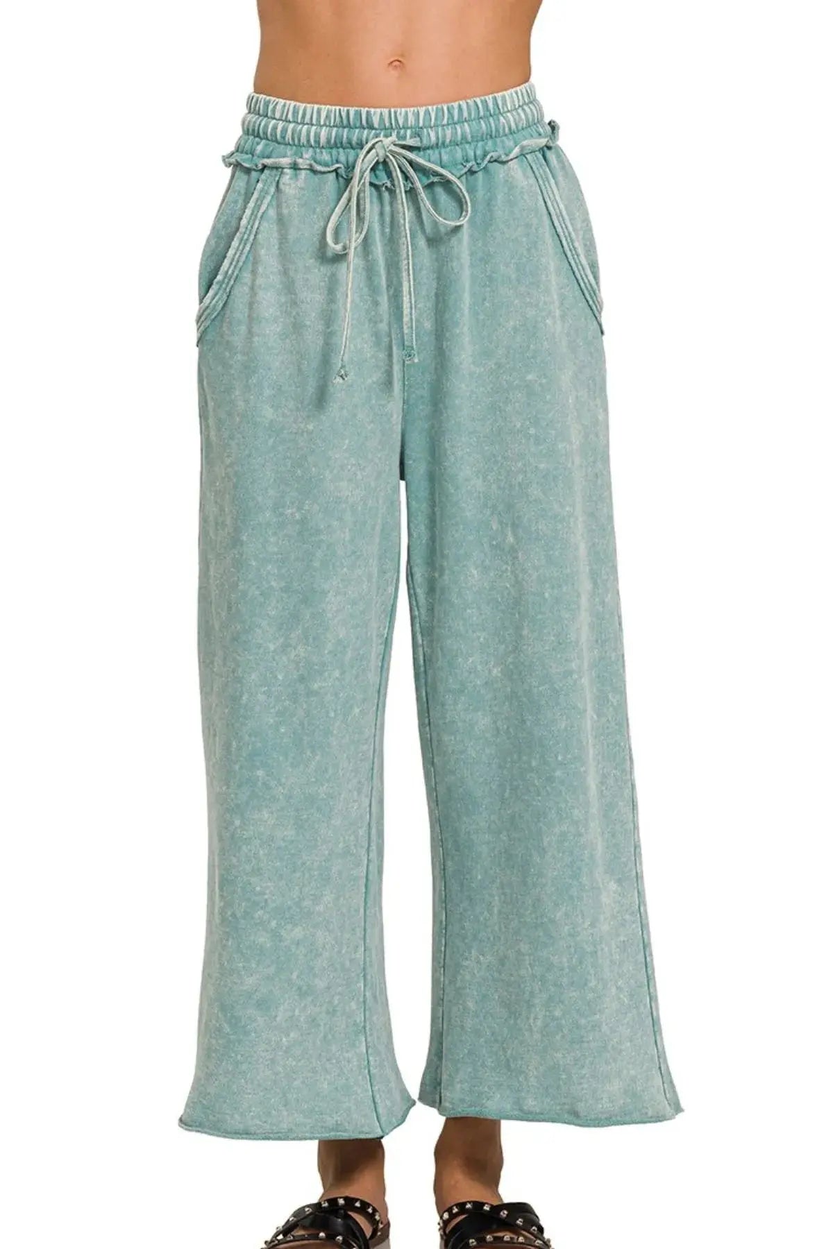 Zenana Washed French Terry Womens Palazzo Pants with Pockets - Be Bliss Boutique