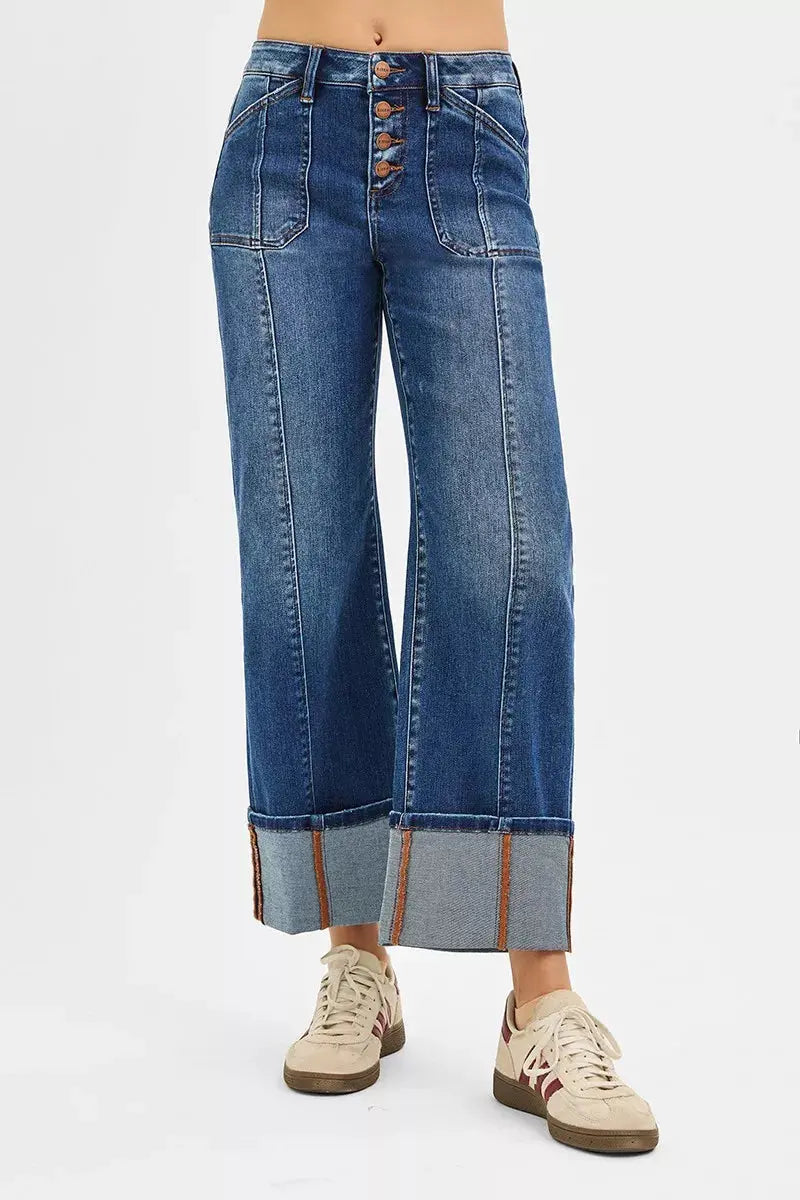 RISEN Jeans - Full Size High Rise Crop Wide Straight Cuffed Jeans - Be Bliss Boutique