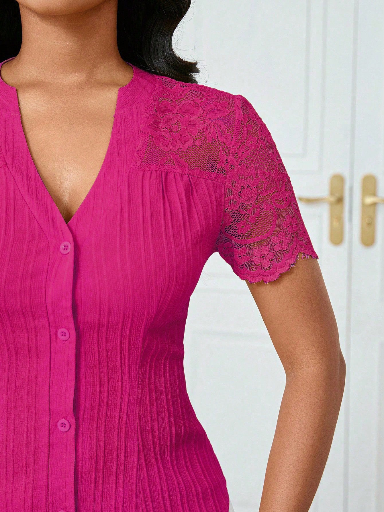 Button Up Lace Sleeve Blouse - Be Bliss Boutique