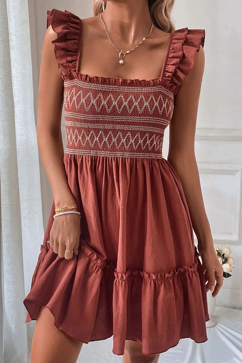 Ruffled Smocked Cap Sleeve Mini Dress - Be Bliss Boutique