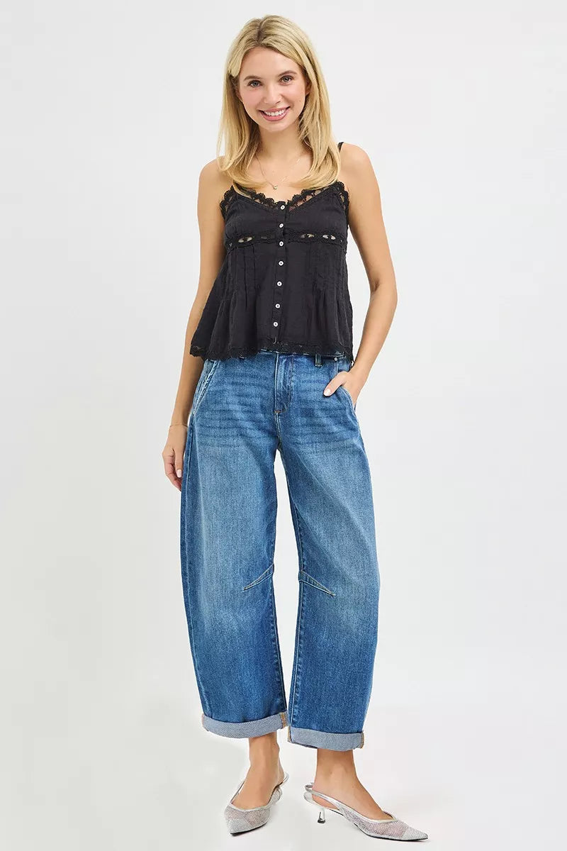RISEN Jeans - Slouchy Cropped Barrel Jeans With Cuffed Hem - Be Bliss Boutique
