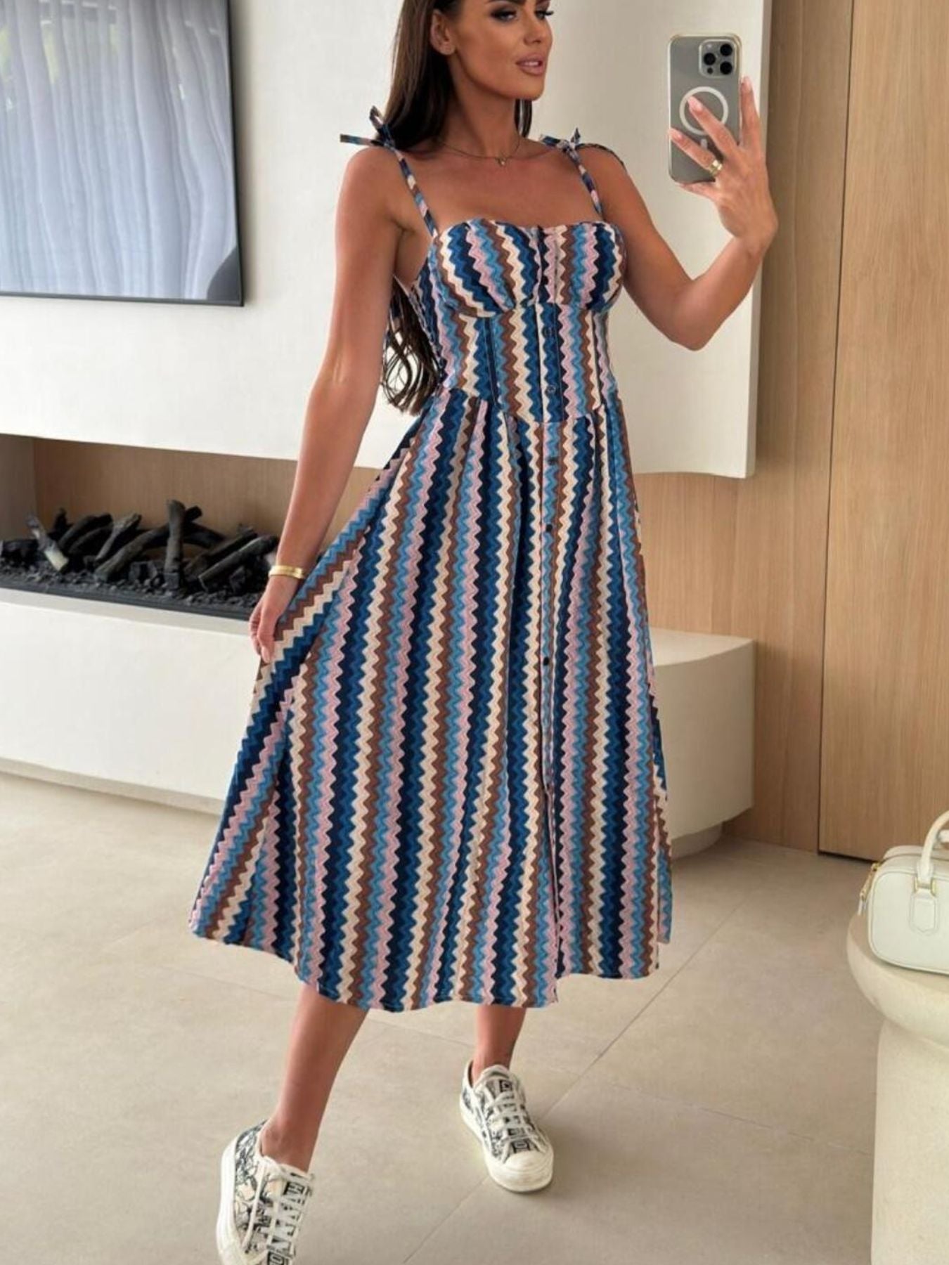 Striped Tie Shoulder Midi Dress - Be Bliss Boutique