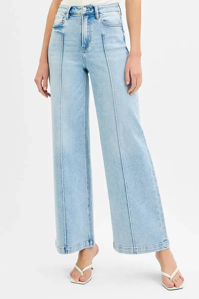 High Waist Wide Leg Pintuck RISEN Jeans – Full Size - Be Bliss Boutique