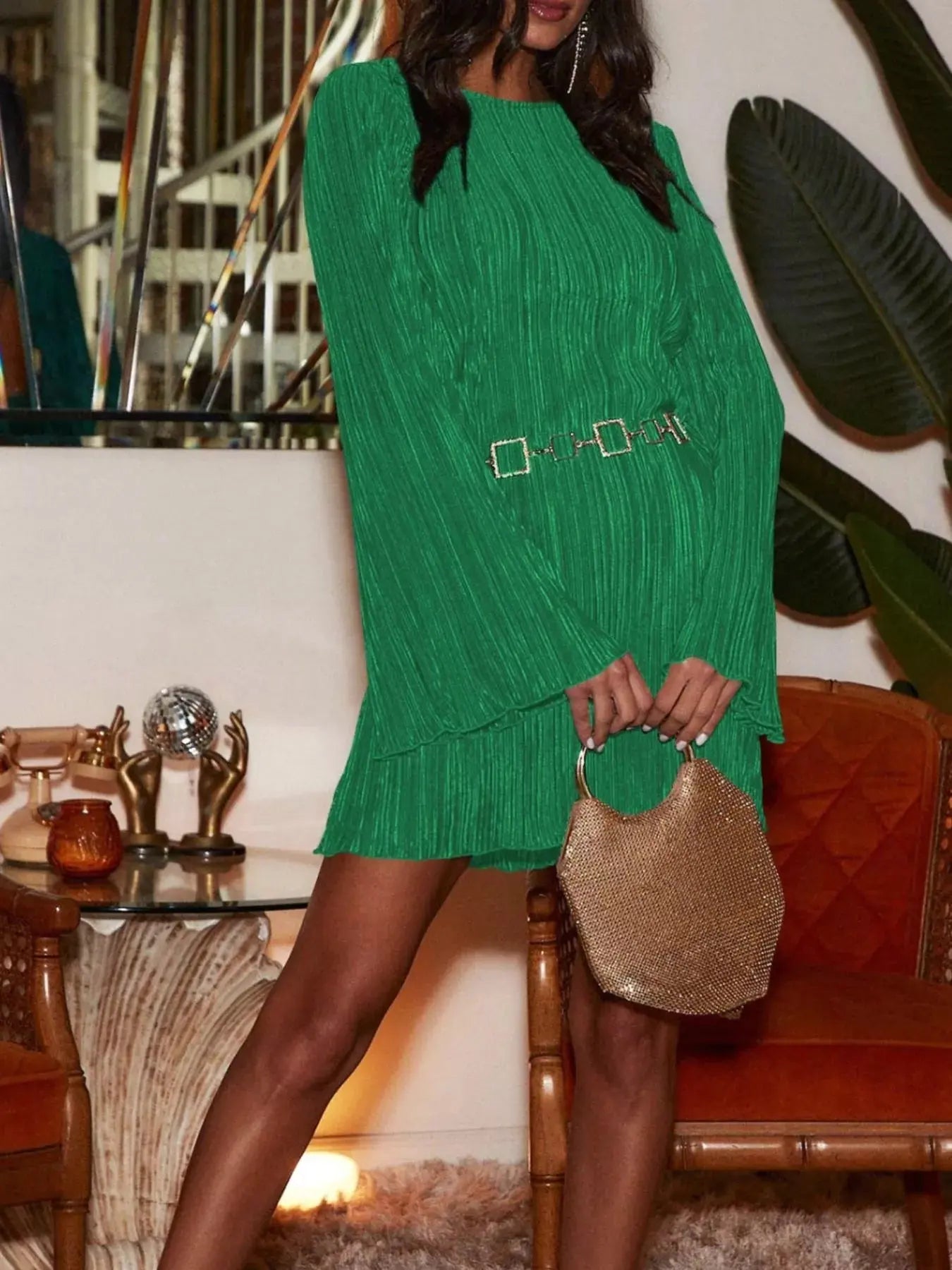 Cutout Back Flare Sleeve Dress - Be Bliss Boutique