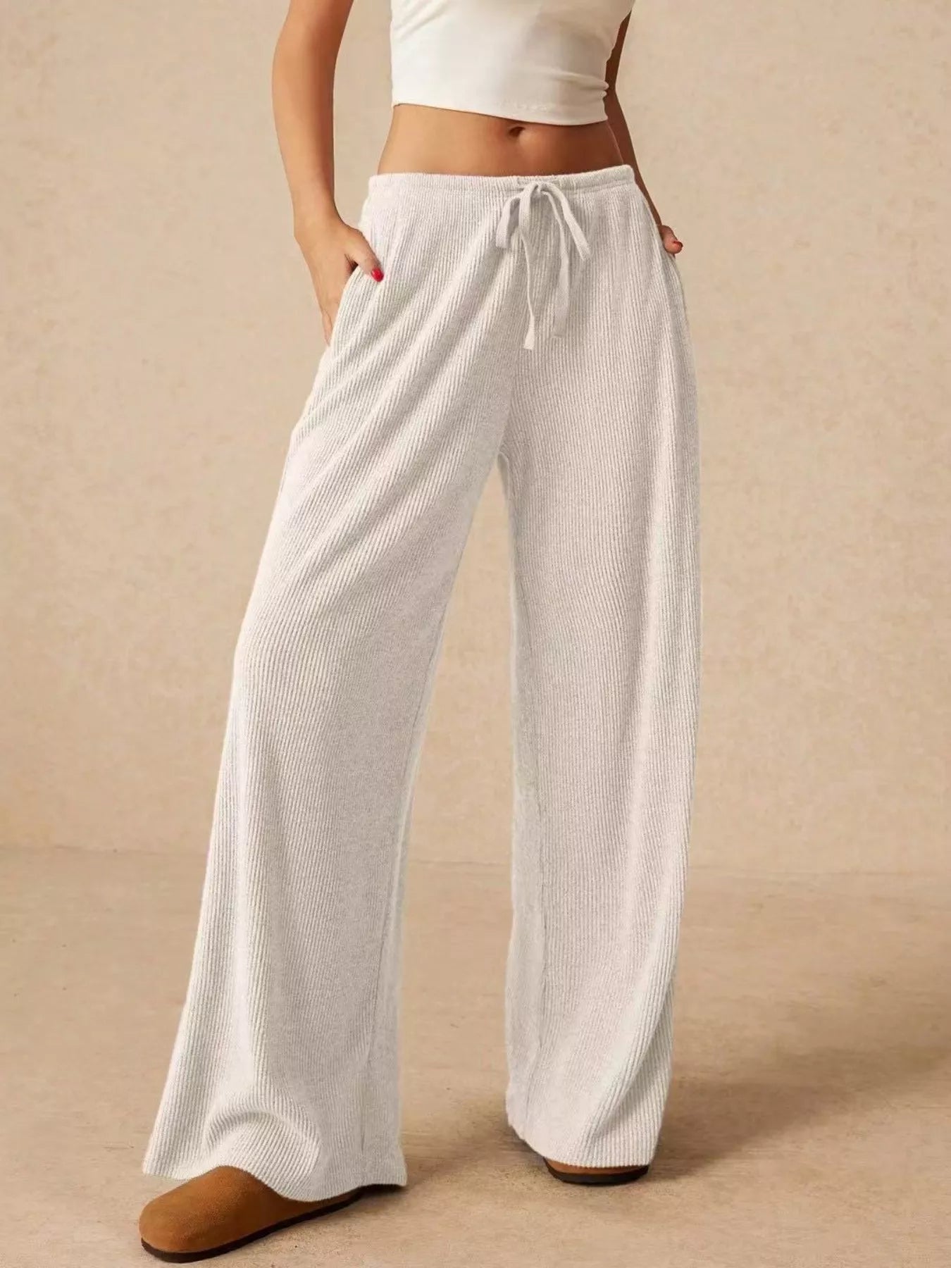 Ribbed Drawstring Wide Leg Pants - Be Bliss Boutique