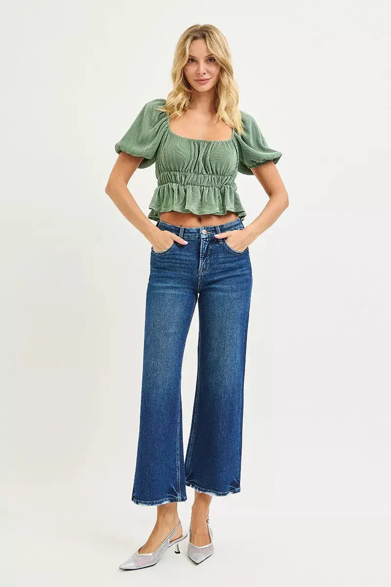 RISEN Jeans - High Rise Crop Wide Leg Jeans with Tummy Control 4 Way Stretch - Be Bliss Boutique