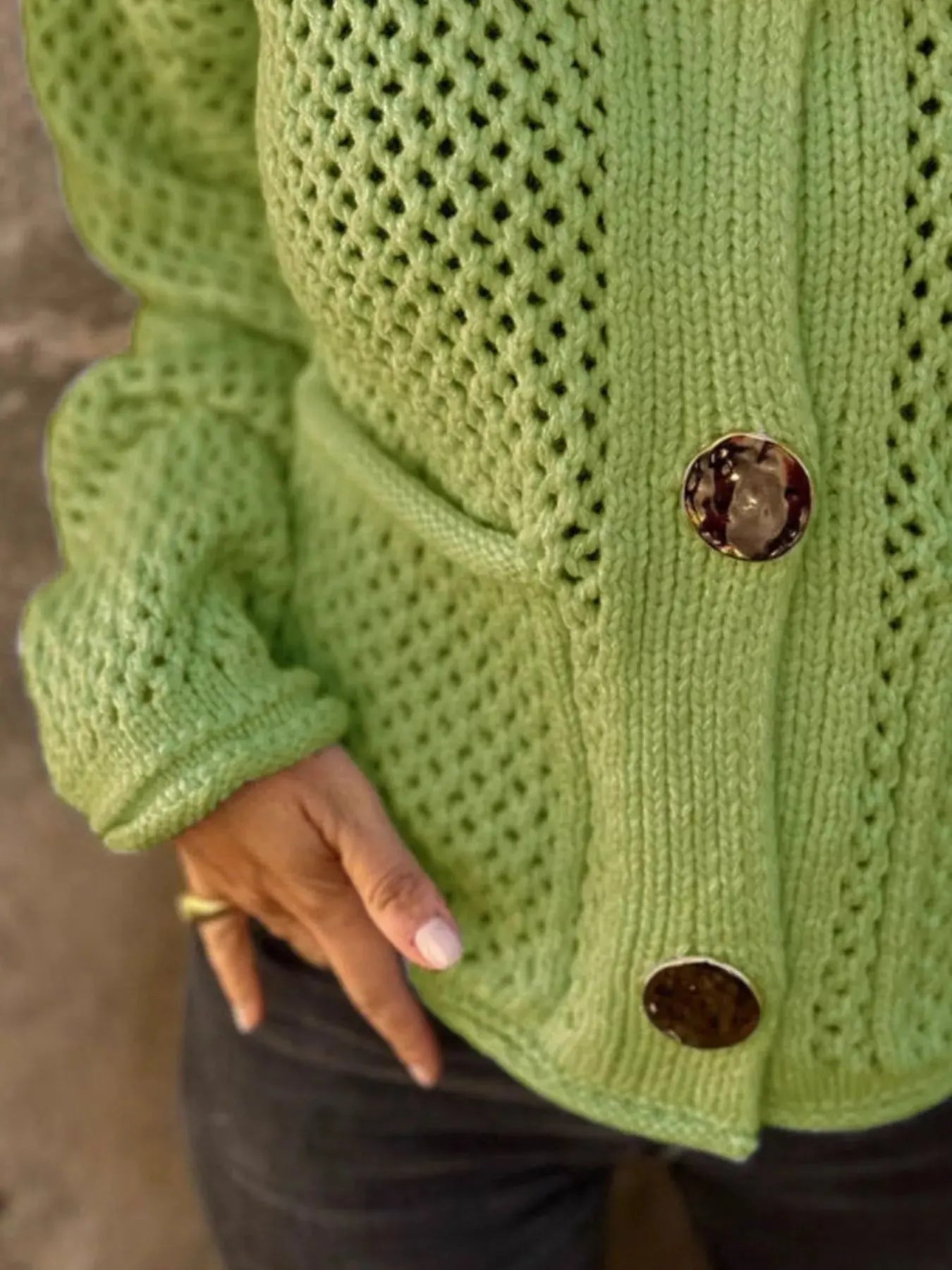 Crochet Button Up Long Sleeve Cardigan - Be Bliss Boutique