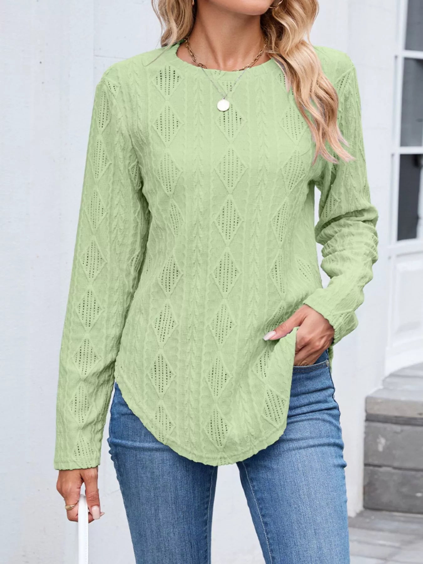 Openwork Textured Long Sleeve Top - Be Bliss Boutique