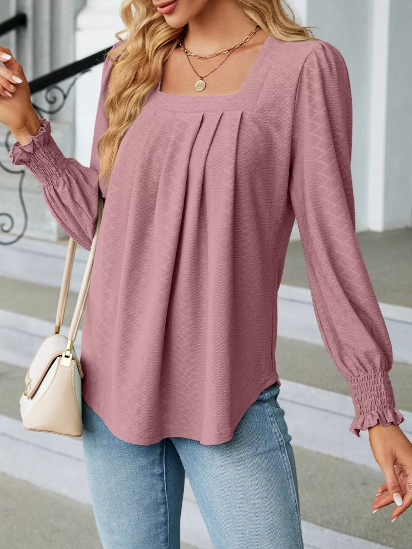 Pleated Square Neck Long Sleeve Top -  Be Bliss Boutique