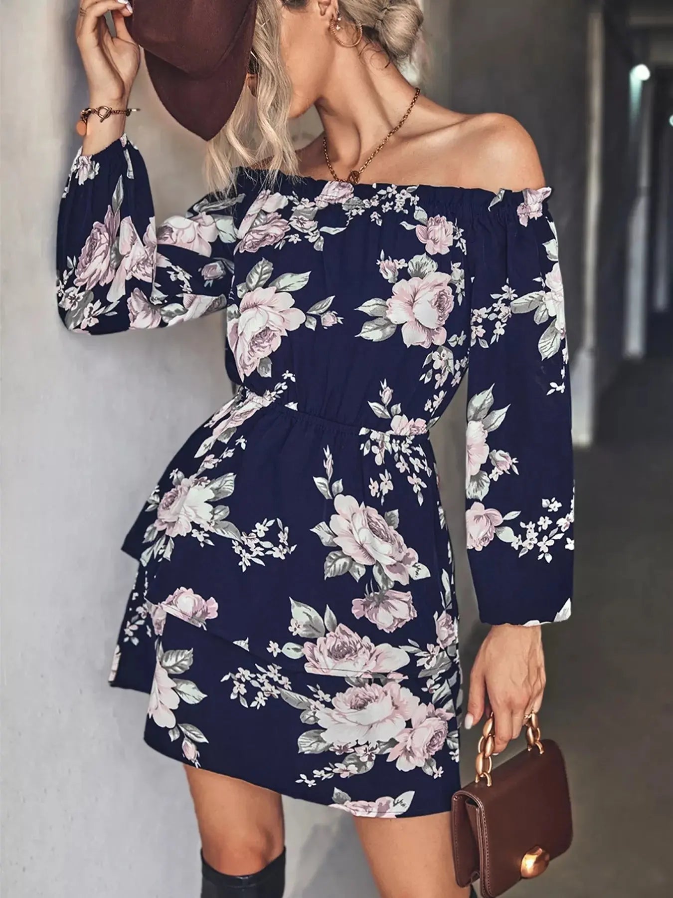 Off-Shoulder Floral Print Long Sleeve Mini Dress - Be Bliss Boutique