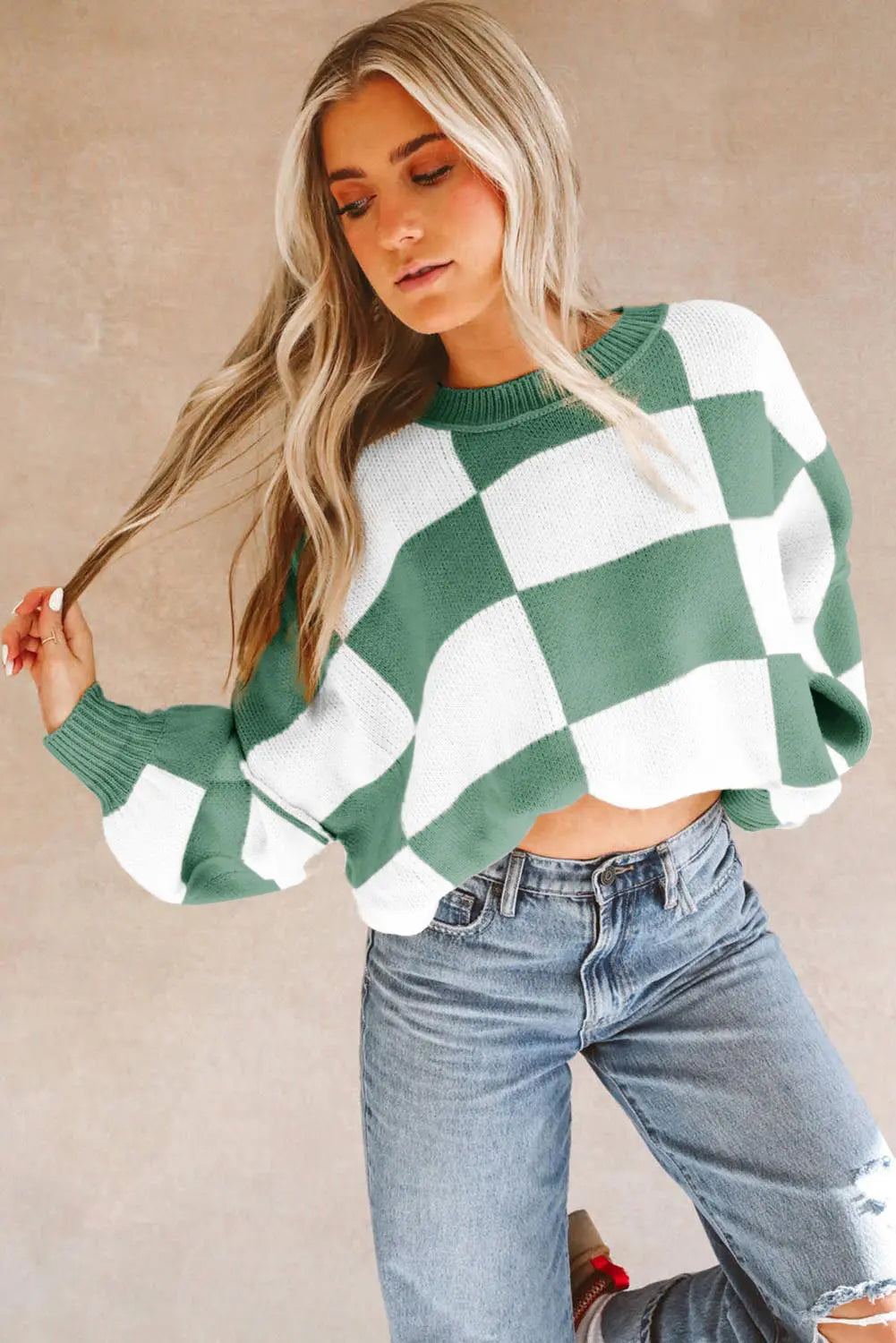 Checkered Bishop Sleeve Sweater - Be Bliss Boutique