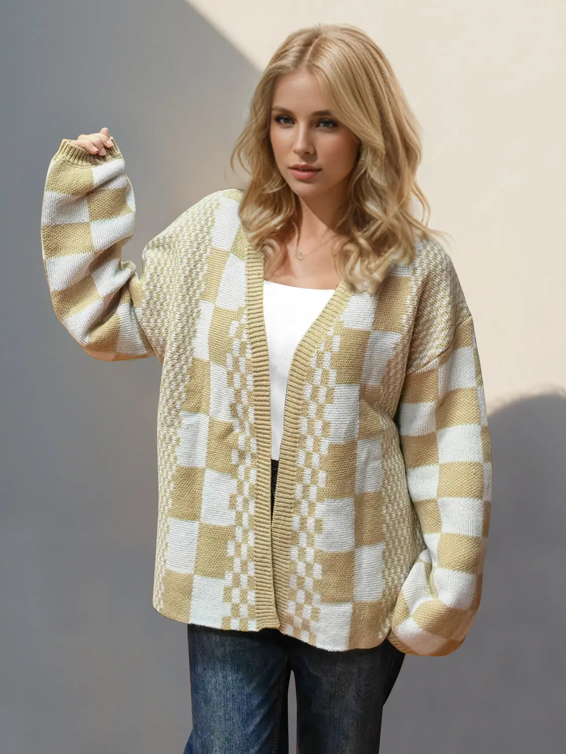 Double Take Checkered Dropped Shoulder Cardigan - Be Bliss Boutique