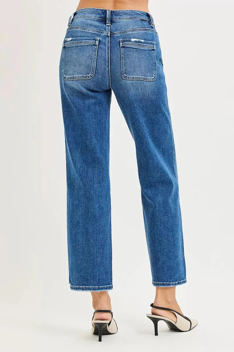 RISEN Jeans - High Rise Ankle Straight Distressed Hem Detail Jeans - Be Bliss Boutique