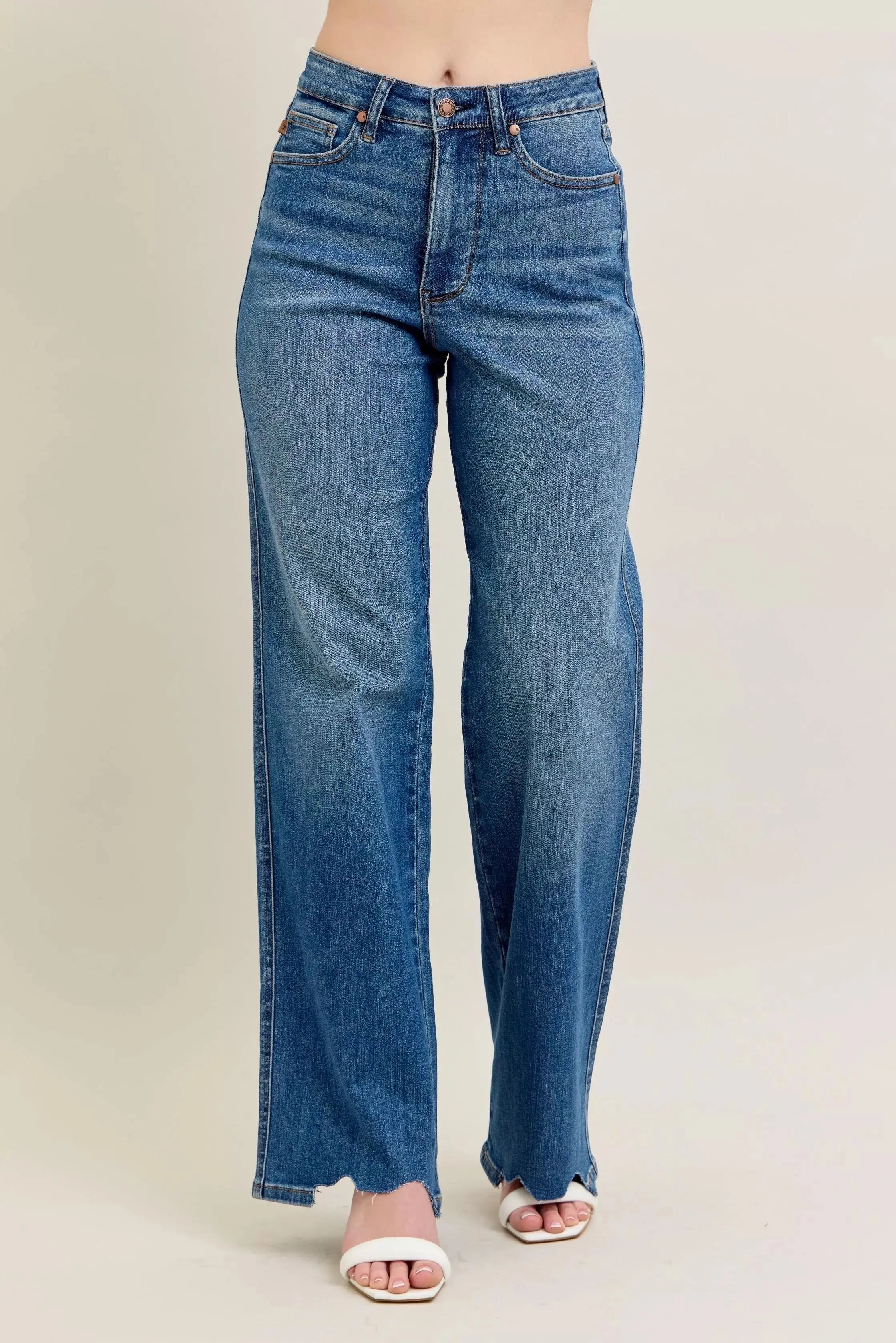 Judy Blue Full Size High Waist Tummy Control Destroy Wide Leg Jeans with Chew Hem - Be Bliss Boutique
