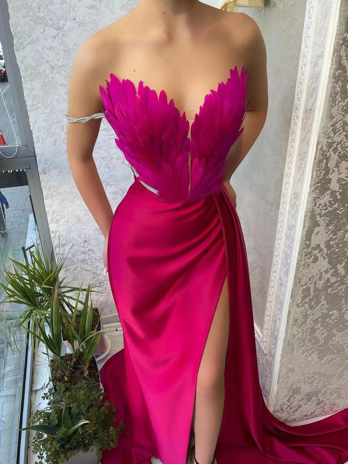 Feather Embellished Slit Maxi Dress - Be Bliss Boutique
