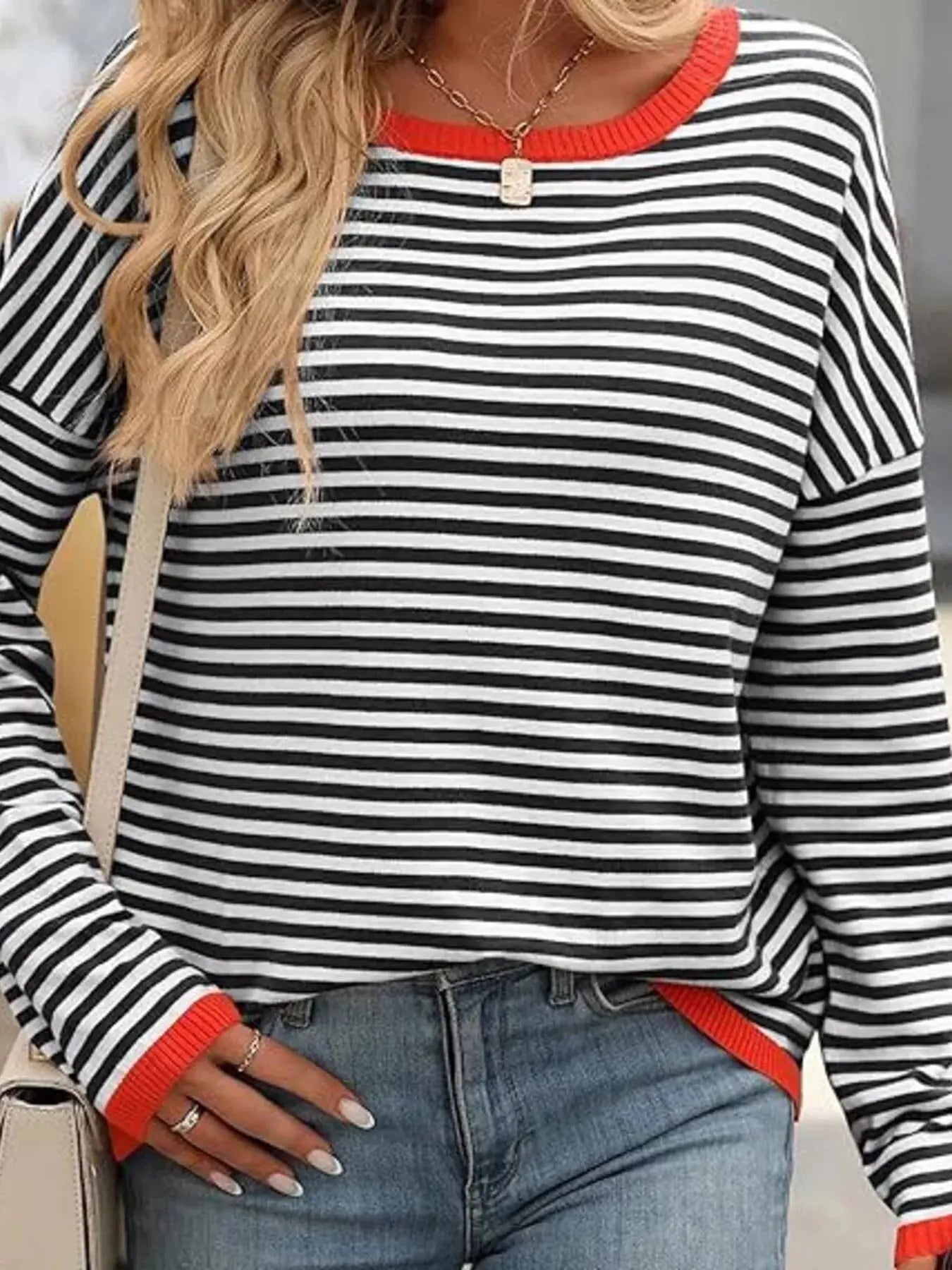 Plus Size Contrast Striped Long Sleeve Sweater - Be Bliss Boutique