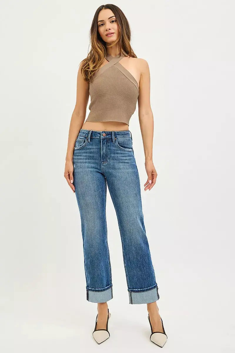 RISEN Jeans - Full Size 4 Way Stretch Slouchy Straight Jeans with Cuffed Hem - Be Bliss Boutique